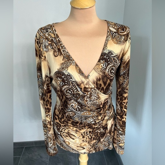 Cache Faux Wrap Long Sleeve Stretch Blouse Animal Paisley Print - Picture 1 of 9